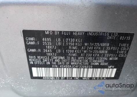 2015 Subaru Outback 2.5I Limited z USA, uszkodzony, nr VIN 4S4BSAJC4F3306039